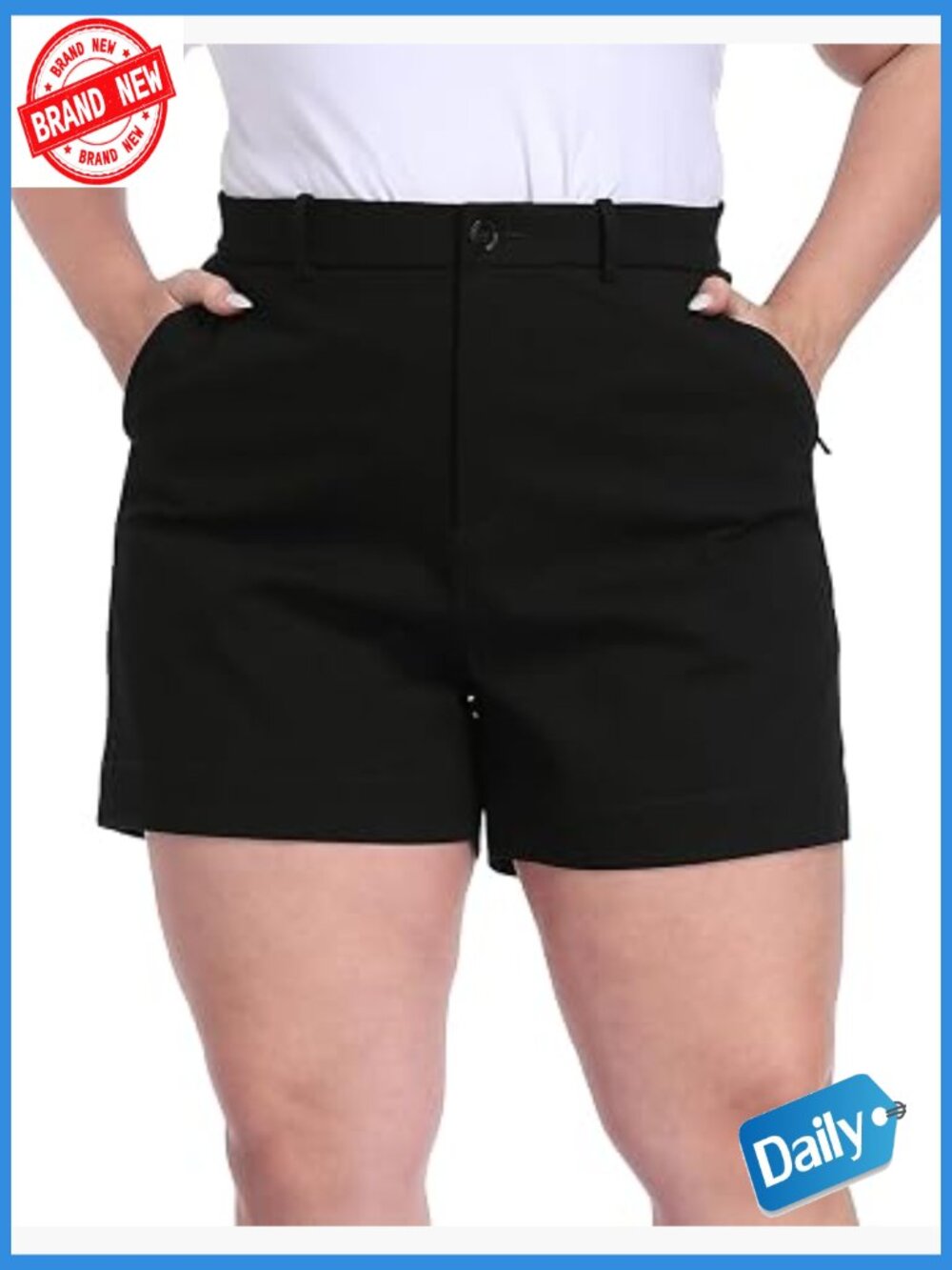 Plus Size High Waisted Chino Shorts 5" Inseam Stretch Cotton Twill with Pockets